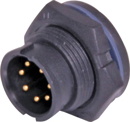 Waterproof IP67 rated 7 Pin Male Solder cup chassis connector for installations outdoors or in areas prone to moisture build up. Lock Type mating ring. 5A rated.