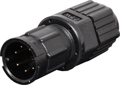 Waterproof IP67 rated 7 Pin male line connector for installations outdoors or in areas prone to moisture build up. 5A rated.