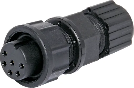 Waterproof IP67 rated 6 Pin Female Line connector for installations outdoors or in areas prone to moisture build up. Lock Type mating ring. 5A rated.