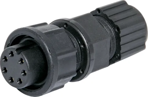 Waterproof IP67 rated 2 Pin Female Line connector for installations outdoors or in areas prone to moisture build up. Lock Type mating ring. 5A rated.