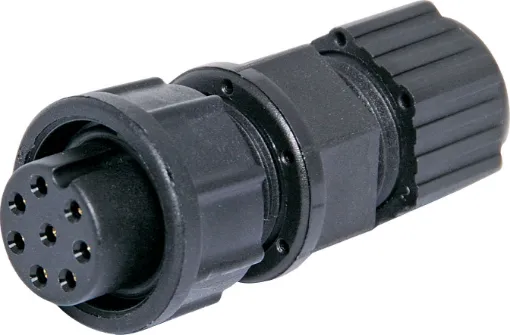 Waterproof IP67 rated 8 Pin Female Line connector for installations outdoors or in areas prone to moisture build up. Lock Type mating ring. 5A rated.