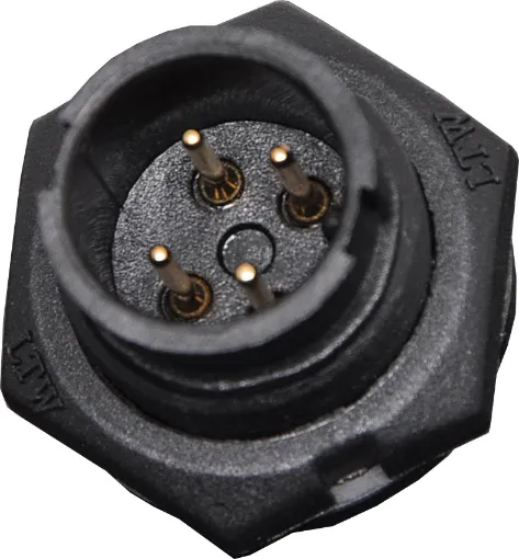 Waterproof IP67 rated 4 Pin Male Chassis Mount PCB Connector. Lock type mounting ring.