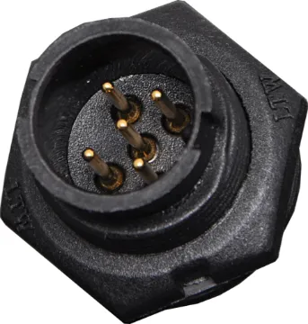 5 Pin 5A Locking Male PCB IP67 Waterproof Plug Waterproof IP67 rated 5 Pin Male Chassis Mount PCB Connector. Lock type mounting ring.