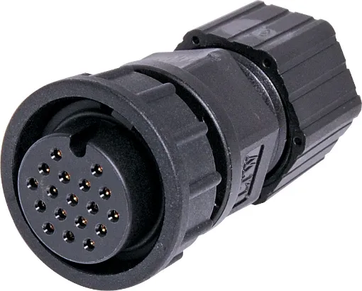 Waterproof IP67 rated 18 pin line connector for installations outdoors or in areas prone to moisture build up. 5A rated.