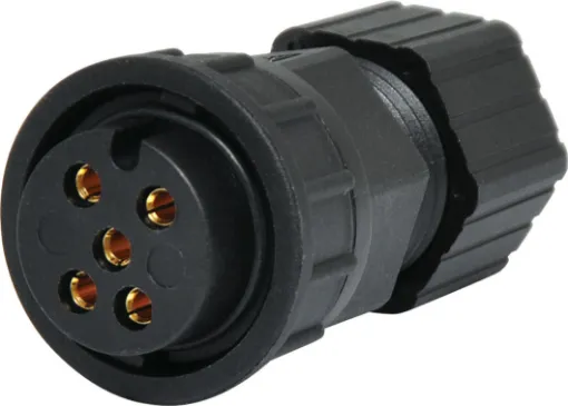 Waterproof IP66 rated 7 Pin female line connector for installations outdoors or in areas prone to moisture build up. 20A rated.
P 9607 7 pin pictured.