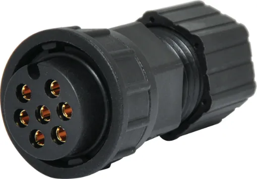 Waterproof IP66 rated 7 Pin female line connector for installations outdoors or in areas prone to moisture build up. 20A rated.