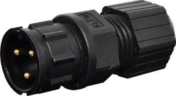IP67 Rated 20A Locking 3 Pin Male  IP66 rated waterproof connectors for installations outdoors
or in areas prone to moisture build up. Screw
cap available to suit socket for when line plug is not
connected. 20A rated. LTW "D" series.