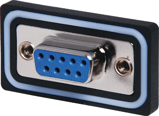 IP66 rated, panel mount, right angled, PCB mount, DE9 female connector. Suits data or low voltage/current applications.
