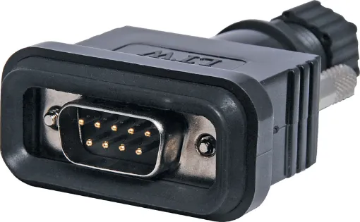 IP66 rated, inline, solder type, DE9 male connector. Suits data or low voltage/current applications.