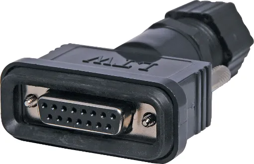 IP67 rated waterproof DA15 Female line connector. Will mate with generic Male DA15 connectors.