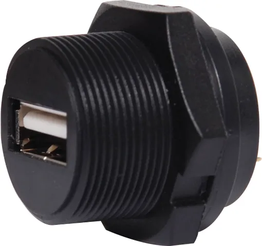 IP68 Rated waterproof USB type A panel mount connector with PCB pins.