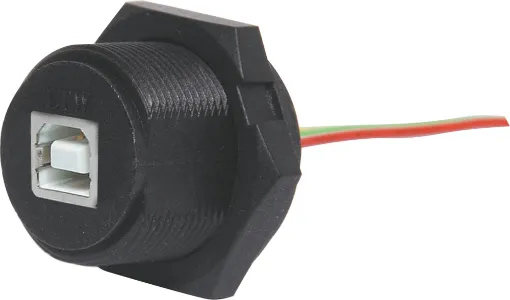 IP68 Rated waterproof USB type B panel mount connector. Internal connections by attached cable.