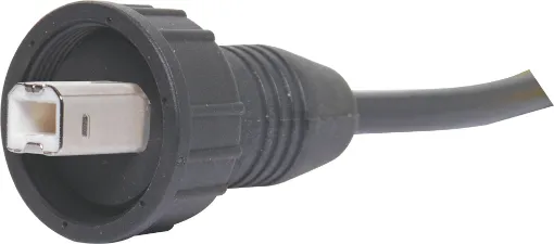IP67 rated Waterproof USB type B Line connector with intergrated 3 metre cable. Screw connection to P9725 panel connectors.