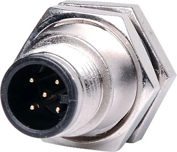 5 Pin 4A M12 Screw-On Chassis Male IP68 Waterproof  Male and female line connectors include metal screw on collars, with heavy duty plastic cable entries. Chassis connectors feature metal outer construction with plastic insert. Ideal for heavy duty industrial & marine applications. 4A rated. LTW M12 series