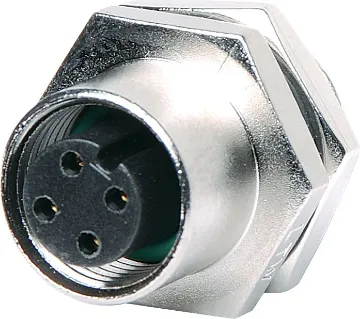 4 Pin 4A M12 Screw-On Chassis Female IP68 Waterproof  Male and female line connectors include metal screw on collars, with heavy duty plastic cable entries. Chassis connectors feature metal outer construction with plastic insert. Ideal for heavy duty industrial & marine applications. 4A rated. LTW M12 series