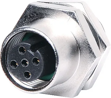 5 Pin 4A M12 Screw-On Chassis Female IP68 Waterproof  Male and female line connectors
include metal screw on collars, with
heavy duty plastic cable entries.
Chassis connectors feature metal
outer construction with plastic insert.
4A rated. LTW M12 series.