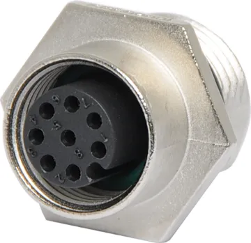 8 Pin 4A M12 Screw-On Chassis Female IP68 Waterproof Male and female line connectors include metal screw on collars, with heavy duty plastic cable entries. Chassis connectors feature metal outer construction with plastic insert. Ideal for heavy duty industrial & marine applications. 4A rated. LTW M12 series. 
8 pin chassis female connector