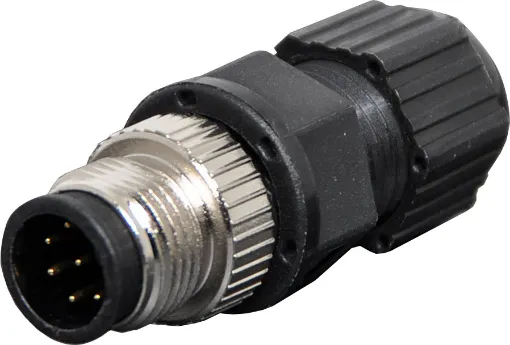 Male and female line connectors include metal screw on collars, with heavy duty plastic cable entries. Chassis connectors feature metal outer construction with plastic insert. Ideal for heavy duty industrial & marine applications. 4A rated. LTW M12 series.

8 pin line male connector 
Cable entry: 3 to 6.5mm. 