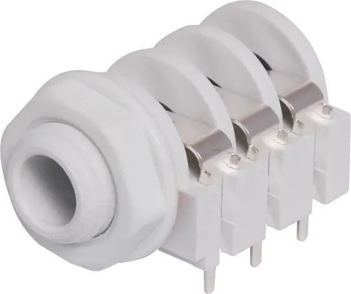 6.35mm PCB mount stereo socket with 3PST switched contacts. Insulated from Chassis. Mounting Hole 11mm