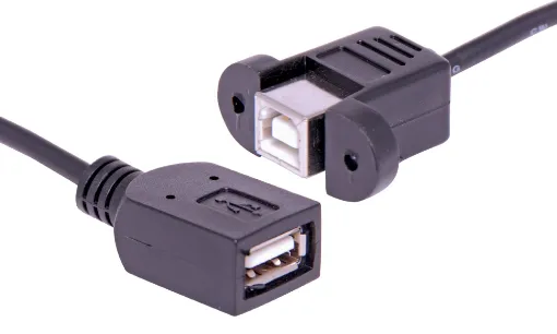 USB type B socket to USB type A socket lead, 160mm. Fitted with screw mount recesses for attaching to custom AV wallplates.