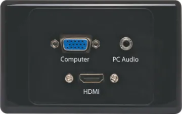 VGA 3.5mm HDMI Wallplate Black - Fly Leads Flylead Type VGA Plates are fitted with HD9 female VGA connector, HDMI & 3.5mm audio. Supplied with both Clipsal and HPM  style Front faceplates.
Black plate.
