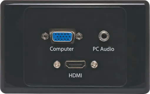 Flylead Type VGA Plates are fitted with HD9 female VGA connector, HDMI & 3.5mm audio. Supplied with both Clipsal and HPM  style Front faceplates.
Black plate.