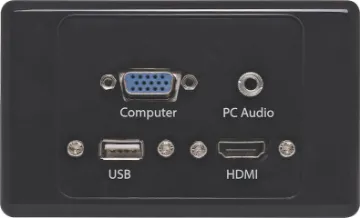 HDMI VGA, 3.5mm, USB Type A Black Wallplate Flyleads  Flylead type HDMI, VGA, USB type A and 3.5mm. Includes flylead connections for easy on-site termination. Supplied with both Clipsal and HPM Front faceplates.