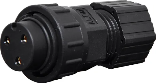 Waterproof IP67 rated 3 Pin female line connector for installations outdoors or in areas prone to moisture build up. 20A rated.