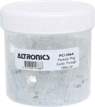 8P8C RJ45 Modular Plug Cat5e Through Hole Pk 100 Unique through hole (open-pass) design for quick, easy termination. 
Cat5e 8P8C male connector suits solid core cable.
Jar of 100pcs