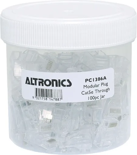 Unique through hole (open-pass) design for quick, easy termination. 
Cat5e 8P8C male connector suits solid core cable.
Jar of 100pcs