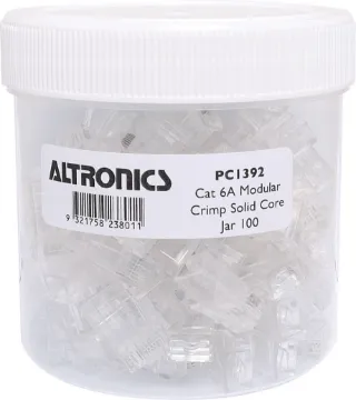 8P8C RJ45 Modular Plug Cat6A Through Hole Jar 100pcs 8P8C. Cat6 RJ45 suit round solid core shielded (STP) cable.
Unique through hole design for easy quick termination. Jar of 100pcs.