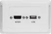 HDMI and USB type A connections fitted to a Clipsal Pro Series wall plate which has been specifically designed for commercial building installations. Rear is fitted with 150mm fly leads with HDMI and USB type A socket for easy connection.