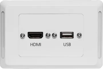HDMI USB A Horizontal Wallplate With Flyleads - Clipsal Pro HDMI and USB type A connections fitted to a Clipsal Pro Series wall plate which has been specifically designed for commercial building installations. Rear is fitted with 150mm fly leads with HDMI and USB type A socket for easy connection.