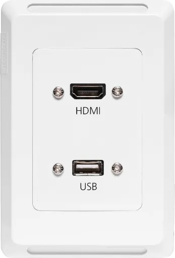 HDMI and USB type A connections fitted to a Clipsal Pro Series wall plate which has been specifically designed for commercial building installations. Rear is fitted with 150mm fly leads with HDMI and USB type A socket for easy connection.