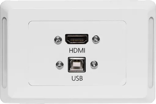 HDMI and USB type B connections fitted to a Clipsal Pro Series wall plate which has been specifically designed for commercial building installations. Rear is fitted with 150mm fly leads with HDMI and USB type A socket for easy connection.