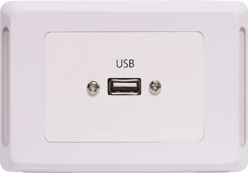 USB type A connections fitted to a Clipsal Pro Series wall plate which has been specifically designed for commercial building installations. Rear is fitted with 150mm fly lead with a USB type A socket for easy connection.