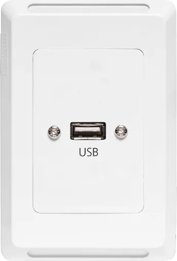 USB type A connections fitted to a Clipsal Pro Series wall plate which has been specifically designed for commercial building installations. Rear is fitted with 150mm fly lead with a USB type A socket for easy connection.
