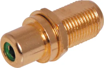 Green RCA to F type Gold Chassis Mount Connector Green RCA to F Type panel mount connector. Gold plated connections.