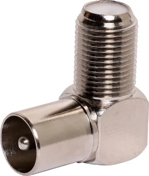 F Type Female to PAL Male 90 Deg. Adapter 75Ω. Right angle version of P 0399. F Type Female to PAL Male