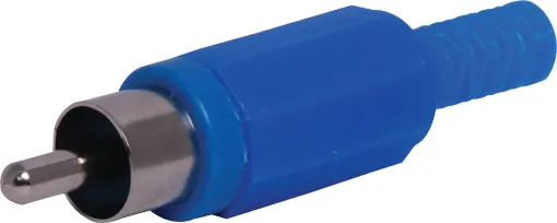 Plastic RCA line connector with strain relief. Maximum cable entry size 5mm Ø. Blue