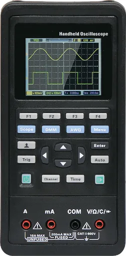 The ultimate field testing accessory combining an digital storage oscilloscope and digital multimeter. It features 2 channels with real time sampling modes of 125MSa/s per channel (or 250MSa/s when used in single channel mode). 64K colour screen provides a clear view.