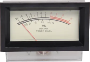 VU Meter With Backlight Overall dimensions 62H x 91W including bevelled mounting frame. Panel cutout size required 43H x 84W. Connections are via solder tags. Mounting hardware 
provided.