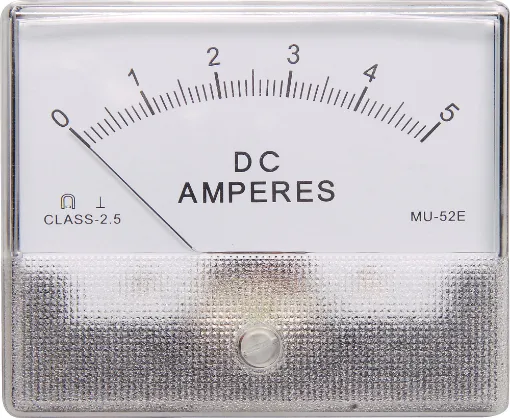 Quality Class 2.5 MU 52 E
Overall dimensions 80W x 66H. Bolt mounting centres 64W x 48H. 52mm hole required. Connections via threaded nut inserts on rear panel. Nuts and washers provided.
FSD: 5A
Resistance: 3.2 ohm