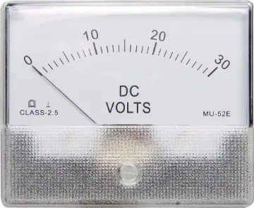 0-30V MU52E Panel Meter Quality Class 2.5 MU 52 E
Overall dimensions 80W x 66H. Bolt mounting centres 64W x 48H. 52mm hole required. Connections via threaded nut inserts on rear panel. Nuts and washers provided.
FSD: 30V
Resistance:  29.4k ohm