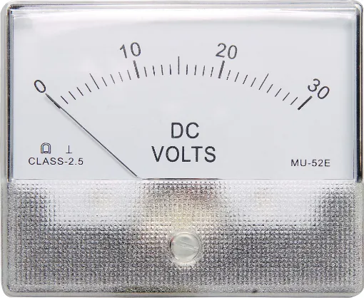 Quality Class 2.5 MU 52 E
Overall dimensions 80W x 66H. Bolt mounting centres 64W x 48H. 52mm hole required. Connections via threaded nut inserts on rear panel. Nuts and washers provided.
FSD: 30V
Resistance:  29.4k ohm