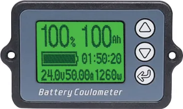 Flush Mount 50A Coulometer With Shunt A compact backlit battery "fuel gauge" with high precision current measurement.