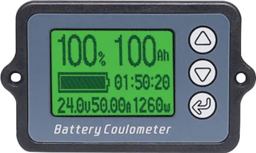 A compact backlit battery "fuel gauge" with high precision current measurement.