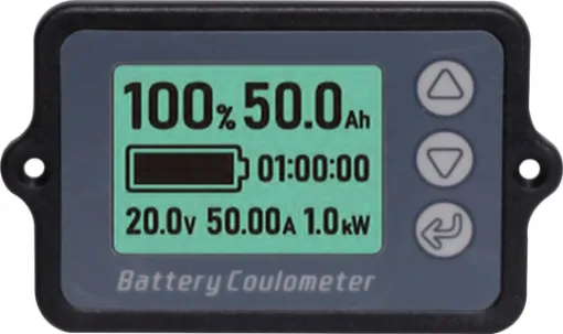 A compact backlit battery "fuel gauge" with high precision current measurement.