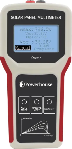 Designed for measuring voltage, current and power of connected PV solar panels up to 800W. This meter provides instant feedback on PV system operation and allows optimal placement of solar panels for maximum energy conversion. 