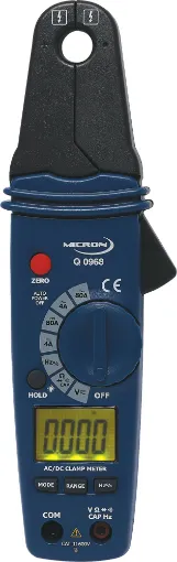 This compact clamp meter provides high resolution current readings up to 80A ac or dc. 